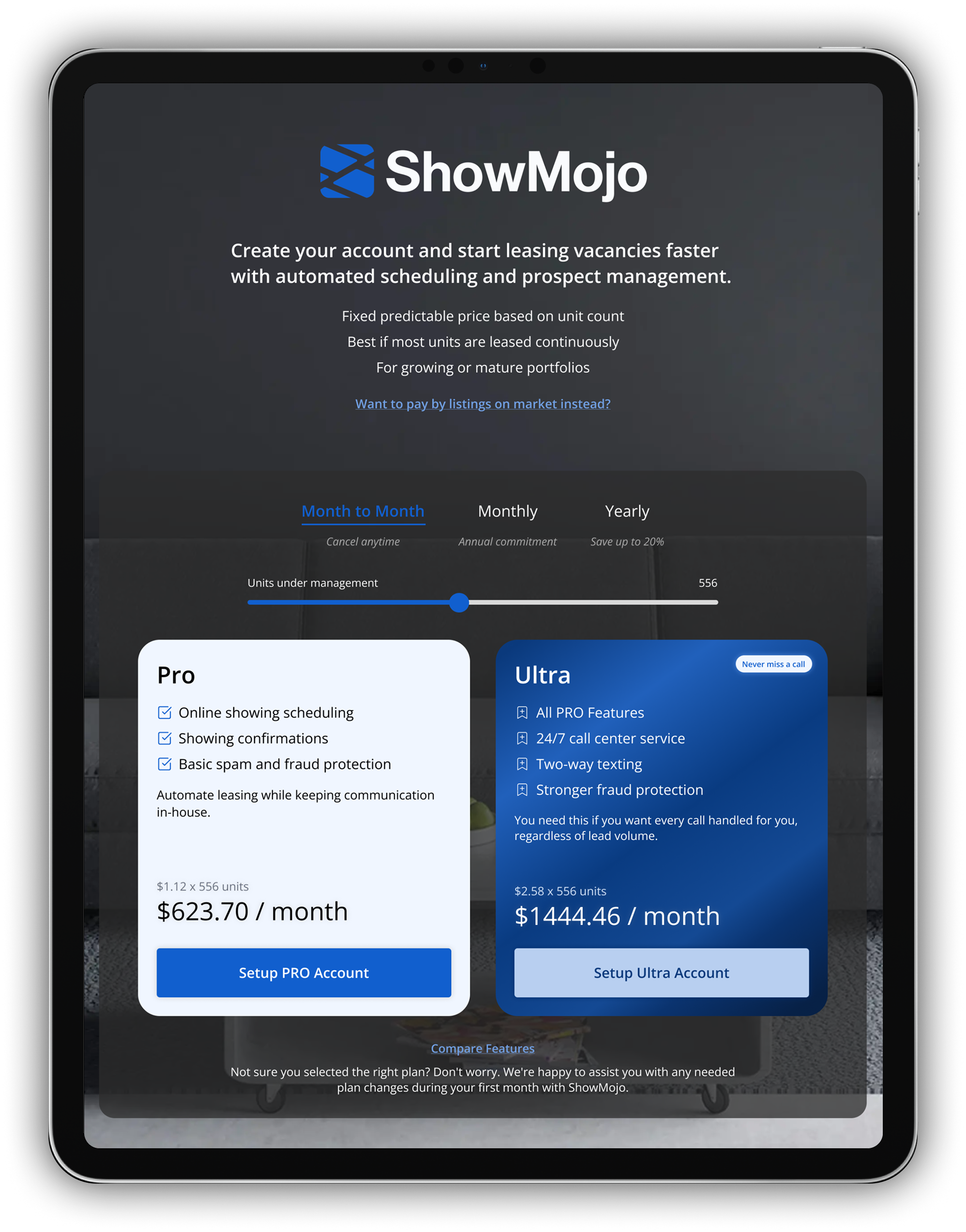 Signup flow — plans on tablet